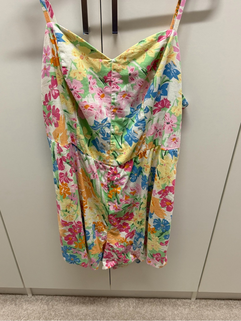 Old Navy Pink and Green Floral Smocked V-Neck Romper, Adj, Straps, 2X